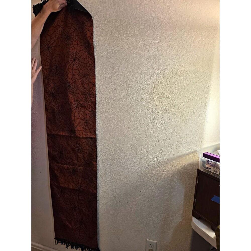 Spooky Night Halloween Table Runner Spiderweb Orange/Black Fringed 71 in
